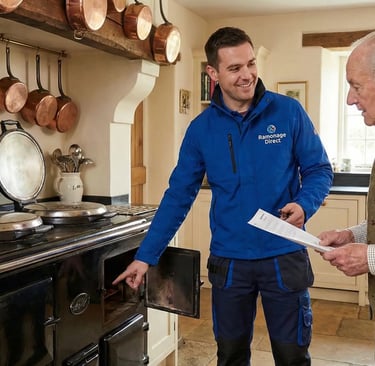 Ramoneur certifié expliquant le fonctionnement d'une cuisinière à bois et remettant le certificat