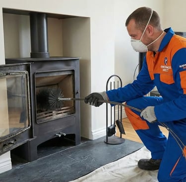 Technicien Ramonage Direct nettoyant l'intérieur d'un poêle à bois vitre ouverte avec soin