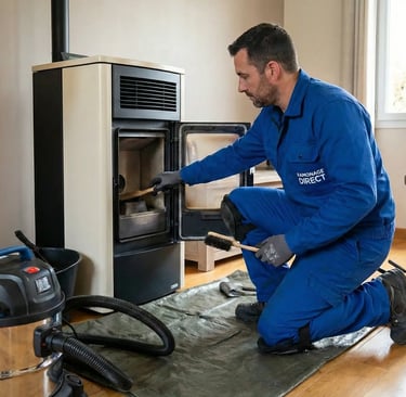 Technicien Ramonage Direct effectuant l'entretien d'un poêle à granulés à Nantes