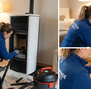 Technicienne experte Ramonage Direct effectuant la révision complète d'un poêle à granulés à Nantes