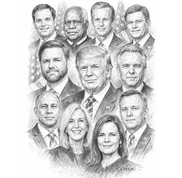 Pencil sketch of Donald Trump surrounded by Republican political figures and Supreme Court justices.