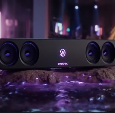 Swarix soundbar with purple glow in pool setup