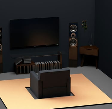 Smart home setup with wooden speakers and TV