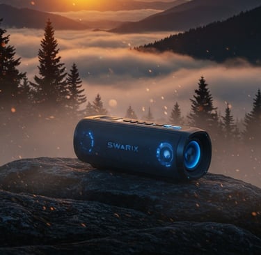 Swarix party speaker on rocks with scenic, vibrant vibe