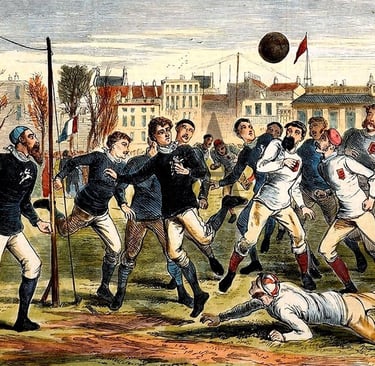 a painting of a group of men playing a game of football