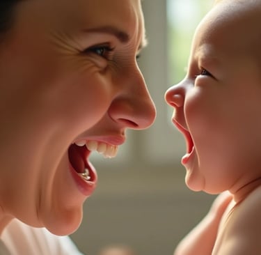 Adulto fazendo expressão facial exagerada de alegria diante do rosto de um bebê, promovendo estímulo