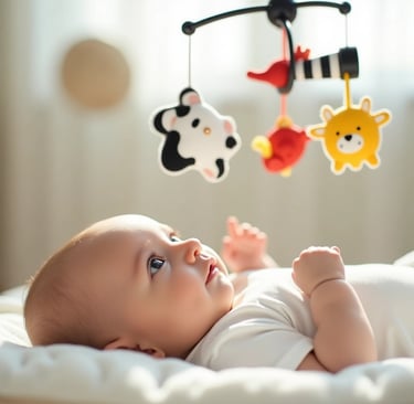 Bebê de 2 a 3 meses observando móbile com formas e cores variadas