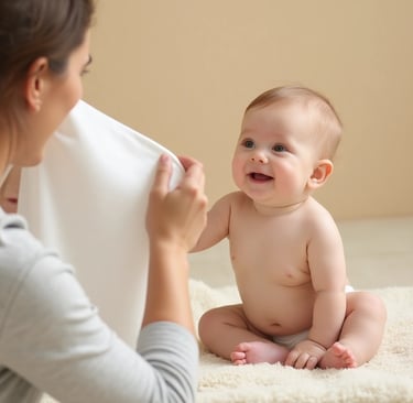 Bebê de 4 a 6 meses brincando de esconde-esconde com adulto e paninho branco