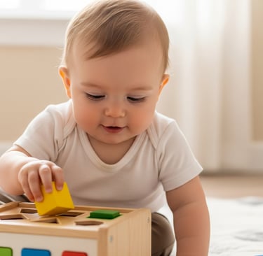 Bebê de cerca de 11 meses encaixando bloco amarelo em brinquedo de formas geométricas