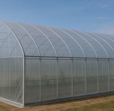 a large green house with a large glass door