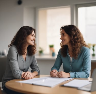 two women sitting at a table looking at a computer screen
