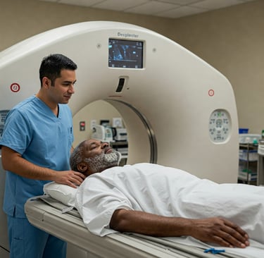Homem realizando tomografia de abdome para avaliar neoplasias intestinais