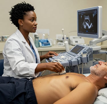 Mulher realizando ultrassom de abdome em um homem como investigação de um tumor no fígado