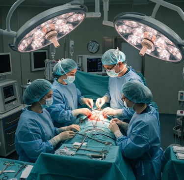 Cirurgiões realizando cirurgia para um tumor abdominal