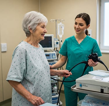 Mulher realizando colonoscopia como exame de rastreio para câncer de intestino