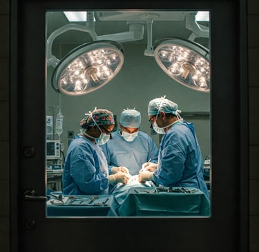 Cirurgiões operando uma neoplasia abdominal em centro cirúrgico