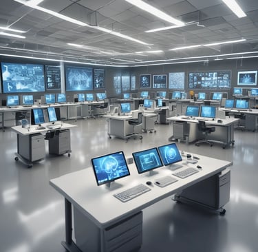 Two individuals dressed in protective clothing and masks are working in a laboratory setting. They are seated on either side of a large distillation apparatus, which includes various glassware such as a round-bottom flask. The environment suggests a high level of precision and attention to cleanliness and safety.