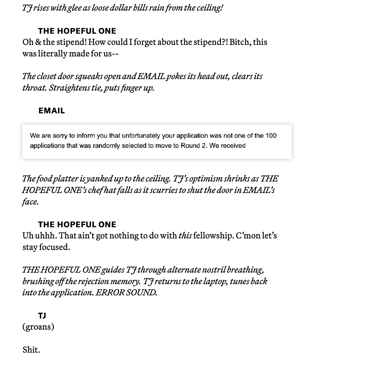 An image with one page from the play 11:59PM: For Black Trans Artists Spiraling in the Submission Po