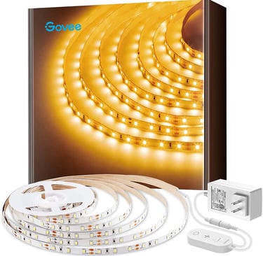 Govee warm white LED strip lights with power adapter and controller for indoor home lighting.