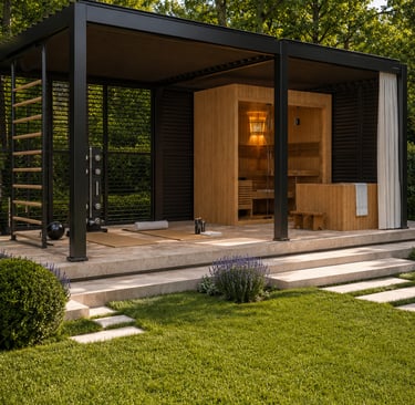 Luxury backyard outdoor gym and sauna room under a modern black pergola on a stone patio.