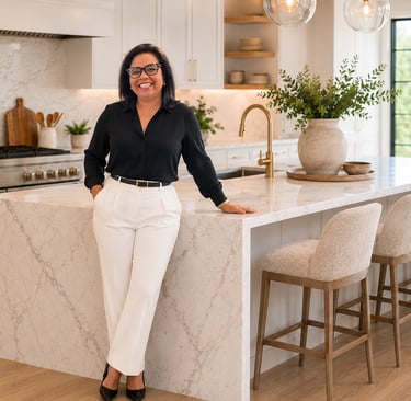 Karleen Asencio smiling in a modern luxury kitchen with marble countertops and gold fixtures.