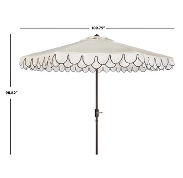 Cream scalloped outdoor patio umbrella with black trim showing dimensions for garden shade furniture.