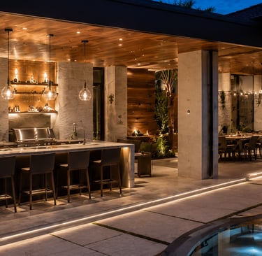 Luxury modern outdoor kitchen and patio at night with marble island and elegant lighting.