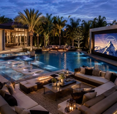 Luxury backyard pool with a large outdoor cinema screen and sunken lounge seating area.