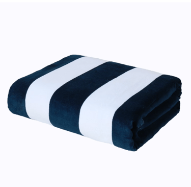 Folded navy blue and white striped plush beach towel made of soft microfiber fabric.