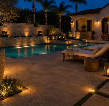 Serene twilight patio and pool scene