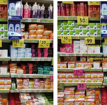 Original image (L) — Our model identifying misplaced products (R)