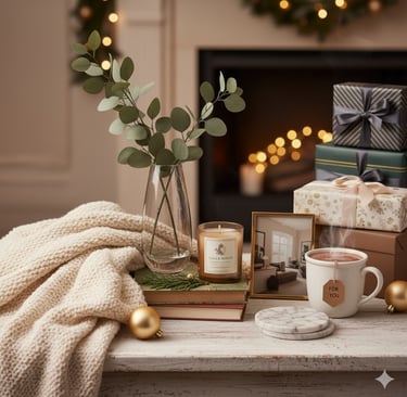 Šventinė kompozicija su balta vaza, eukalipto šaka, knygomis, aromatine žvake, paveikslėlio rėmeliu