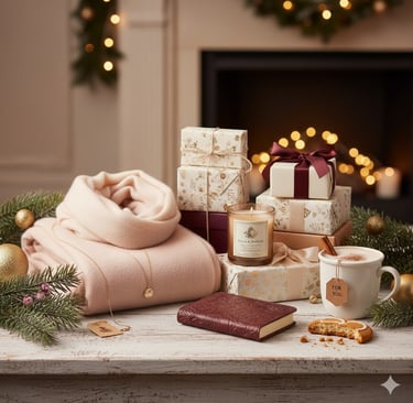 Šventinė kompozicija su įpakuotomis dovanomis, rožinės spalvos megztiniu, auksiniu pakabuku, aromati