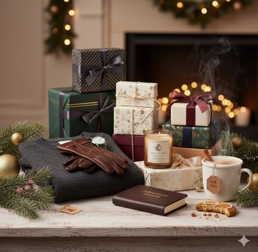 Šventinė kompozicija su įpakuotomis dovanomis, tamsiu megztiniu, rudomis odinėmis pirštinėmis, laikr
