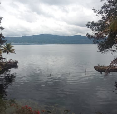 a still calm lake with mountains in the background and trees bordering the image