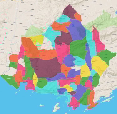 Kaş Reğion Map showing 54 villages