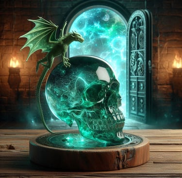 crâne de cristal, dragon et porte