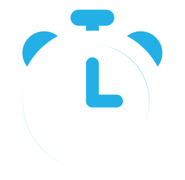 White clock icon with blue accent for hour and minute hands and alarm bell