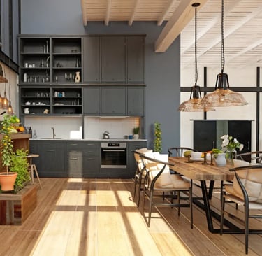 Modern kitchen with warm woods, kitchen table, gray cabinets and wood floors