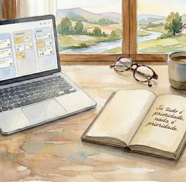 Watercolor workspace with a laptop, open notebook, and coffee cup near a window overlooking a landscape.