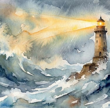 Watercolor painting of a stone lighthouse illuminating stormy ocean waves and a rainy sky.