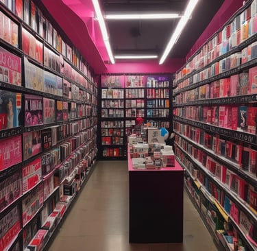 A vibrant, colorful display of intimate products arranged neatly, reflecting the playful and inviting spirit of homanias.