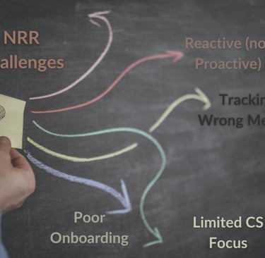 Chalkboard listing four different challenges in net revenue retention.