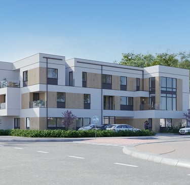 Exterior view of a contemporary residential building featuring large windows, clean lines, and modern architectural elements.