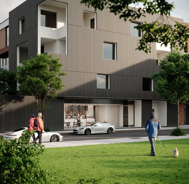 3D rendering of multi-story building with minimalist design, vertical lines, large windows, and ground-floor café.