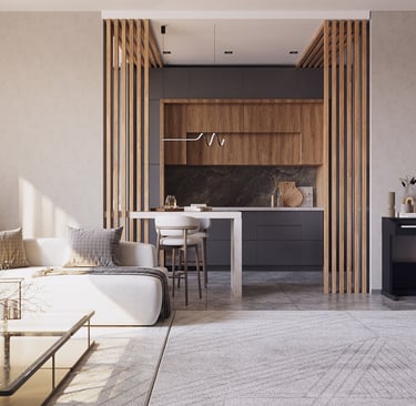 Modern open-concept living space with white sofa, marble island, dark grey cabinets, vertical wooden slats, and digital piano