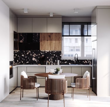 Modern kitchen, light cabinets, wood accents, unique tile backsplash, round table, window blinds.