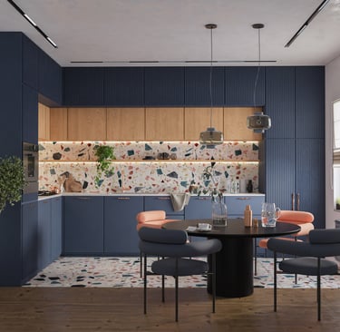 3D rendering of modern kitchen with blue cabinets, wood uppers, terrazzo backsplash, black round table, and large window.