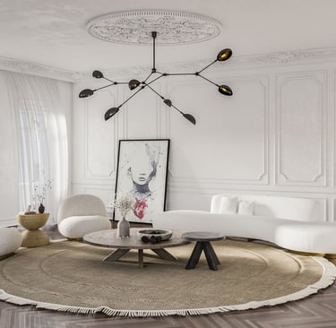 3D rendering of modern living room with curved sofa, beige chairs, round table, artwork, plant, and chandelier.