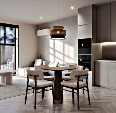 Inviting modern space: natural light, wood dining, cozy sofa, sleek kitchen, chic lighting, elegant ambiance.